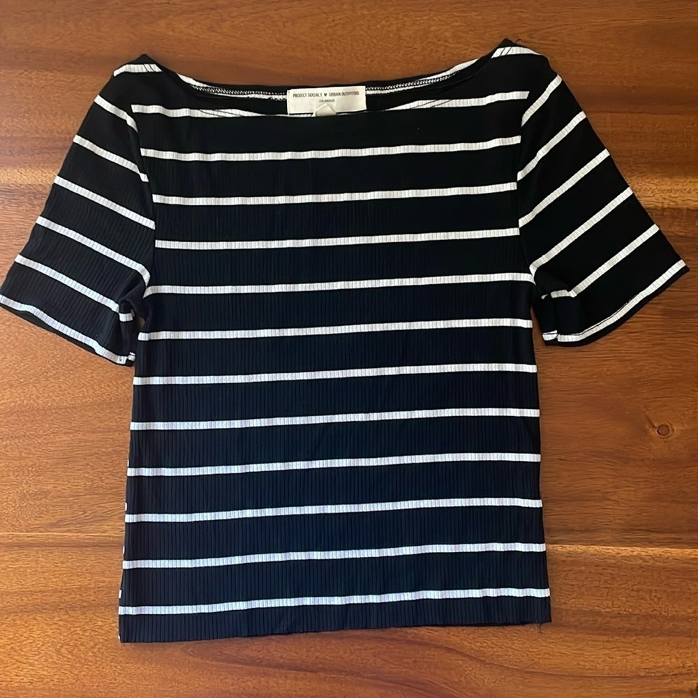 Project Social T Urban Outfitters Black White Stripe Ribbed Boat Neck T-Shirt M